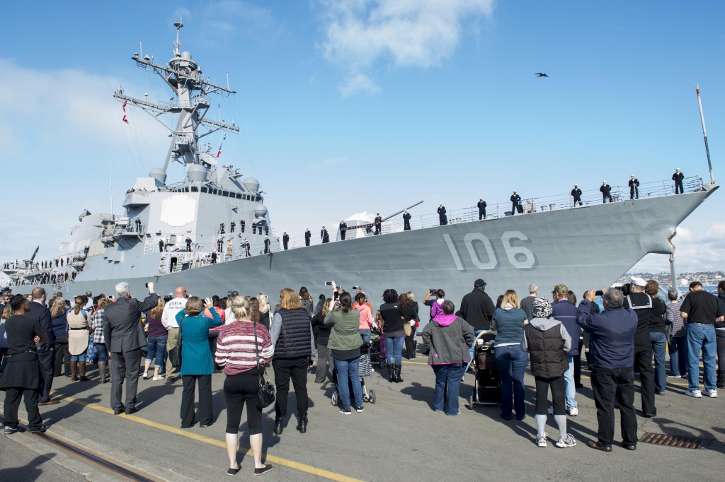 160120-N-SU278-024 SAN DIEGO (Jan. 20, 2016) – SAN DIEGO -- The Arleigh Burke-class guided-missile destroyer USS Stockdale (DDG 106), departs Naval Base San Diego as part of the Great Green Fleet, for a scheduled deployment. The Great Green Fleet is an initiative optimizing energy use to increase optimal range, endurance and payload, turning energy into a force multiplier. (U.S. Navy photo by Mass Communication Specialist 2nd Class Will Gaskill/RELEASED)