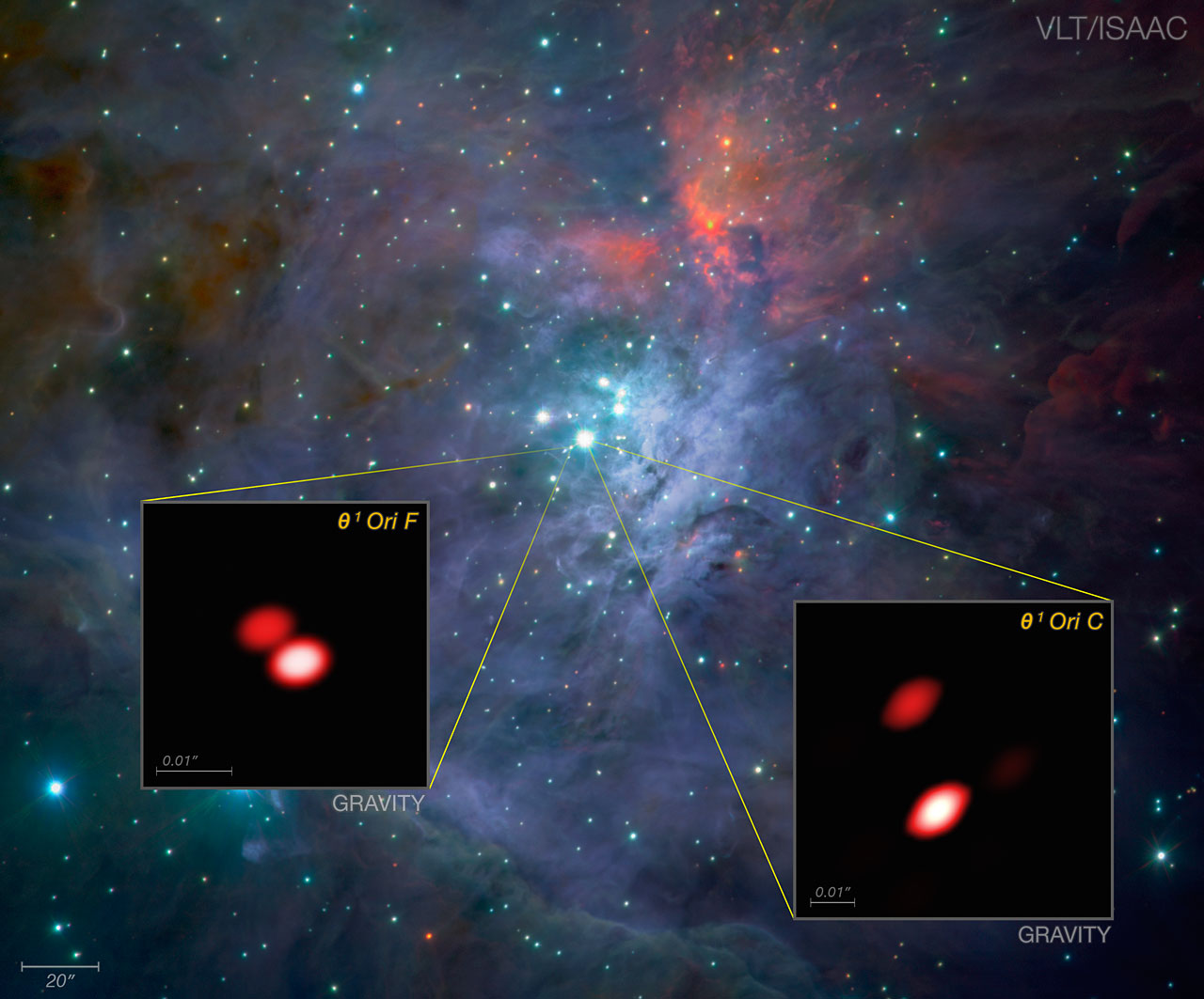 As part of the first observations with the new GRAVITY instrument the team looked closely at the bright, young stars known as the Trapezium Cluster, located in the heart of the Orion star-forming region. Already, from these first data, GRAVITY made a discovery: one of the components of the cluster (Theta1 Orionis F) was found to be a double star for the first time. The brighter known double star Theta1 Orionis C is also well seen. The background image comes from the ISAAC instrument on ESO's Very Large Telescope. The views of two of the stars from GRAVITY, shown as inserts, reveal far finer detail than could be detected with the NASA/ESA Hubble Space Telescope.