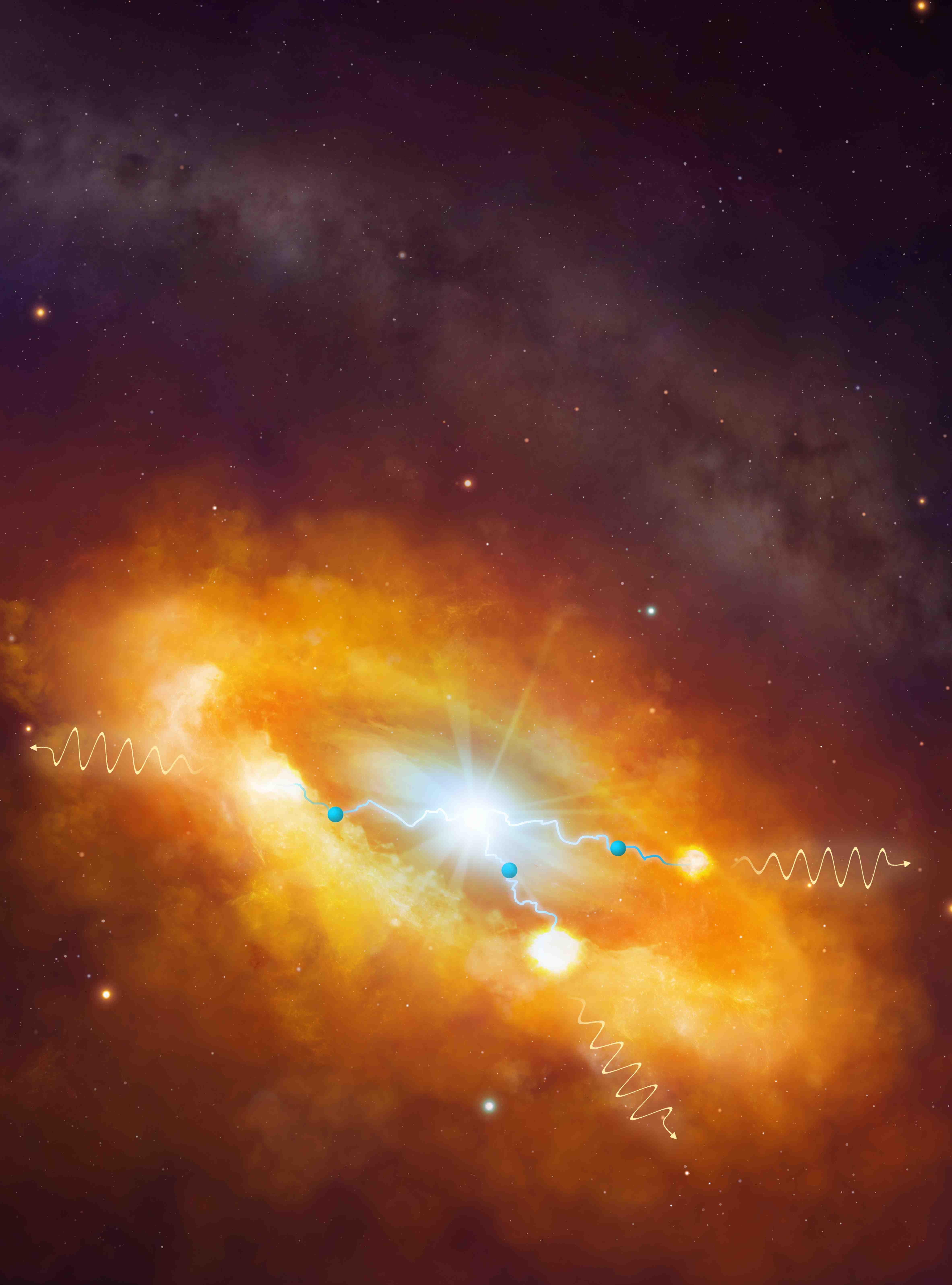 Artwork of an active galactic nucleus, or AGN. Many, perhaps most large galaxies, are thought to harbour supermassive black holes in their central regions. These enormous gravitational powerhouses can weigh anything from a few hundred thousand to several billion times the mass of a normal star. In some galaxies, such as our own Milky Way, these black holes may be dormant. But in active galaxies such as quasars and Seyfert galaxies, those with unusually bright central regions, the black hole is probably feeding off a vast accretion disc - a donut-shaped gas cloud. The gas in the disc spirals around and is heated to extremely high temperatures by friction, before falling into the hole. In some cases, magnetic fields thread the disc, and lead to the formation of beams of charged particles, which are expelled at great velocities, approaching light speed, along the rotation axis.