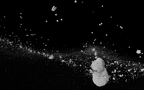 © ESA/Rosetta/Navcam – CC BY-SA IGO 3.0 Image de l'étape finale d'une simulation de collision catastrophique de comètes effectuée par les auteurs, montrant l'un des objets formés par réaccumulation des débris de la collision de forme identique à Tchouri.