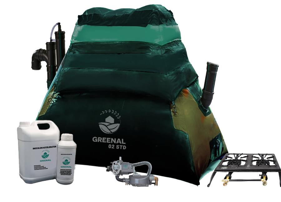Kit Green Al : biodigesteur en toile PVC, réchaud, adaptateur pour convertir le biogaz en électricité, inoculum Kit Green Al : biodigesteur en toile PVC, réchaud, adaptateur pour convertir le biogaz en électricité, inoculum