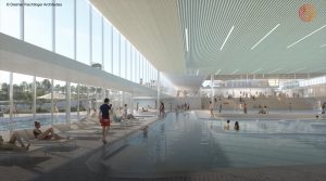 Le bâtiment abrite les bassins intérieurs, mais aussi une partie tertiaire, un restaurant, ainsi que des logements de fonction