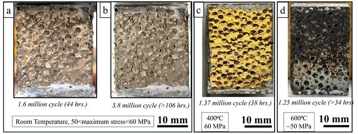 Résultats des tests de fatigue à différentes températures : (a) et (b) 23°C, (c) 400°C et (d) 600°C.Résultats des tests de fatigue à différentes températures : (a) et (b) 23°C, (c) 400°C et (d) 600°C.