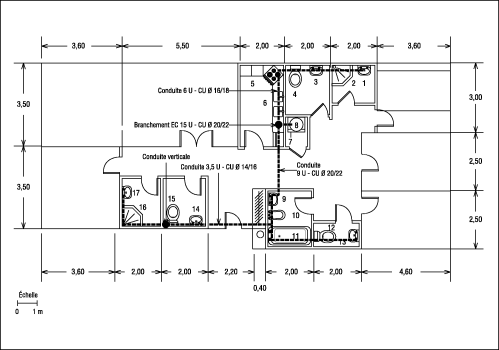 Appartement T6 – Plan des réseaux d’eau chaude.