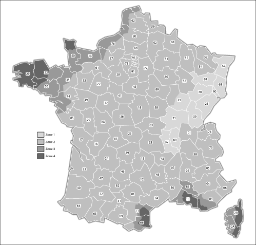 Carte des zones de vent désignées « régions de vent » dans les DTU tuiles.