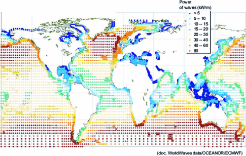 Global distribution of wave energy resources, annual average (doc. WorldWaves data/OCEANOR/ECMWF)