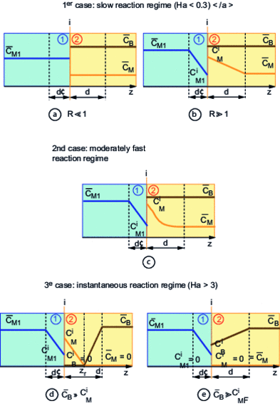 Concentration profiles in the two phases according to transfer direction in the different...