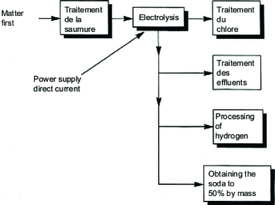 Schematic diagram of sodium chloride electrolysis