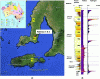 Figure 18 - Location of the three early 20th-century pioneer boreholes on the Yorke Peninsula and Kangaroo Island (H2) and location of the two Ramsay boreholes 1 and 2 (a), and log of Ramsay borehole 2, showing the recording of the radioactivity of the geological formations ("gamma ray"), and the measurement of hydrogen and helium contents measured during drilling ("gas-logging") (b) (from [50] modified)