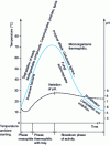 Figure 1 - Changes in temperature and pH of a composting mass and the nature of the micro-organisms present