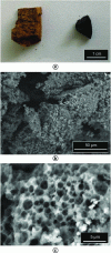 Figure 1 - a) Photo of the porous black liquor monolith (left) and of the carbon obtained using the process described here, b) and c) SEM images of the "polyHIPE" structure obtained by emulsion imprinting, or "HIPE".