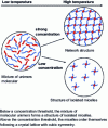 Figure 1 - Schematic representation of two types of micellar structure transitions below or above a copolymer block concentration threshold in aqueous media.