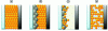 Figure 10 - Different types of solar cells using semiconductor nanocrystals (nanocrystals in orange, conductive oxide nanoparticles in gray): a) Schottky junction cell; b) depleted heterojunction cell; c) electrochemical cell; d) nanocrystal/conjugated polymer volume heterojunction cell. In all cases, sunlight enters through a transparent electrode, generally on a glass support (on the left in the diagrams), the second electrode being metallic (Al, Au, Pt, etc. on the right).