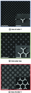 Figure 12 - Fractal nanostructures obtained by electron lithography and called Cayley trees. The branches measure 140 nm. The structure is 50 nm thick and is made of quartz [33].
