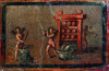 Figure 5 - Painting of the Maison des Cerfs at Herculaneum showing a wedge press (Naples Archaeological Museum) (© Cliché J.-P. Brun)