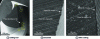 Figure 10 - SEM views of cutting tool Ref. 3 before and after coating with magnification before machining operation of zone 2 circled on a) with secondary edge of a tool