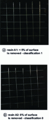 Figure 6 - Optical micrograph of a cross-cut test
of surface coatings on an aluminum metal substrate using the two resins.