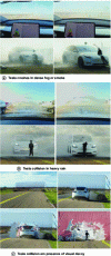 Figure 15 - Reaction of a Tesla using only cameras in poor driving conditions (fog/smoke, rain, visual distractions) (screenshots from the study conducted in [34])