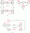 Figure 7 - Feasible
model Ga (a), supervisor model Sa (b), and closed-loop (controlled)
model Ka (c) of a physical system
composed of a pump and a valve under an attack against the vulnerable
event <Start-P>. When this is attacked, it is shown in red as <Start-p>.