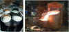 Figure 15 - Casting the cast iron insert of a spent fuel storage canister; on the left, tubes filled with sand before casting (source Andra – CEA – EDF)