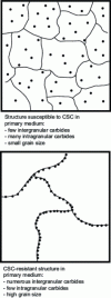 Figure 15 - Illustration of a susceptible microstructure and a CSC-resistant microstructure in the primary coolant for Alloy 600 (reproduced with permission from EPRI, [68])