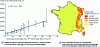 Figure 10 - Relationship between caesium-137 deposition surface activity measured in the lower Rhône valley (Bq.m–2) and rainfall measured by Météo-France between 1er and 5 May 1986 (mm or L.m–2) and map of caesium-137 deposition surface activity in France after the Chernobyl accident, reconstructed from the rainfall-deposition relationship (from [BN 3 837]).