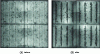 Figure 4 - Electroluminescence images of a group of four cells from a photovoltaic module (a) before and (b) after exposure to a hot and humid environment for 3,500 hours (85 °C and 85% humidity). The dark areas visible in (b) indicate the onset of corrosion along the metallization lines