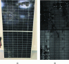 Figure 6 - a) Photo of a photovoltaic module with its front glass shattered by hail; b) Infrared image of the same module obtained through electroluminescence characterization, highlighting cell damage caused by the shattered glass and by hail