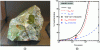 Figure 18 - (a) Roman glass block fractured and weathered for 1,800 years in a marine environment; (b) comparison between simulations (solid curves) and characterization data (stars). The simulations were performed using mechanistic models without fitting parameters (based on Verney Carron [65])