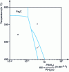 Figure 36 - Calculation of the Lehrer diagram in the Fe–N–C system for a carbon activity of 2.2 (Thermo-Calc – SSOL2).