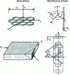 Figure 4 - Direct network and reciprocal network of a graphene sheet and a turbostratic stack in azimuthal disorder [20] [21] – P1 is a plane perpendicular to the aromatic layers and P2 is parallel to it while P3 is oblique