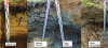 Figure 5 - Photographs of four soil pits made in different areas (natural soil, steelmaking backfill, cyanide-treated backfill, demolition backfill) illustrating the heterogeneity of soils and pollution on the site.