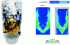 Figure 2 - Instantaneous representation of the flame (orange-yellow isosurface), secondary air jets (in blue) and digital soot particles (in black) on the DLR academic configuration [20] and comparison with the experiment of average soot volume fractions obtained by numerical simulation using a hybrid Eulerian/Lagrangian method (N. Dellinger – ONERA, CEDRE code)